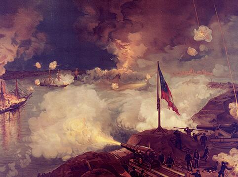 Picture of battle between cannons on land and ships at sea, the flag flies in the picture