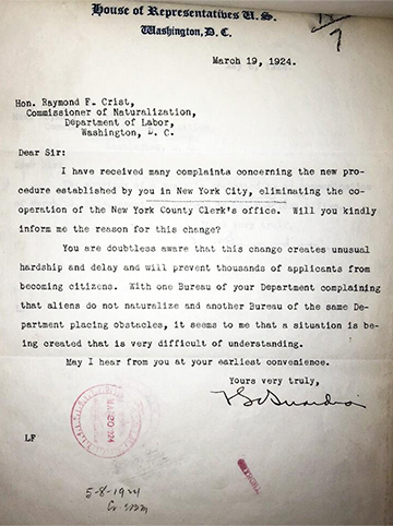 Correspondence from Congressman La Guardia regarding changes to the Bureau of Naturalization that he feared would negatively impact immigrants’ ability to naturalize. Courtesy of the National Archives.