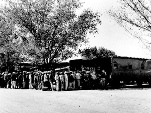 Image of Bracero poulation After Customs, Agriculture, and Immigration inspection, and obtaining Bracero Program documentation, workers boarded transportation to the farm of their new employer. Rio Vista Reception Center, El Paso, Texas.