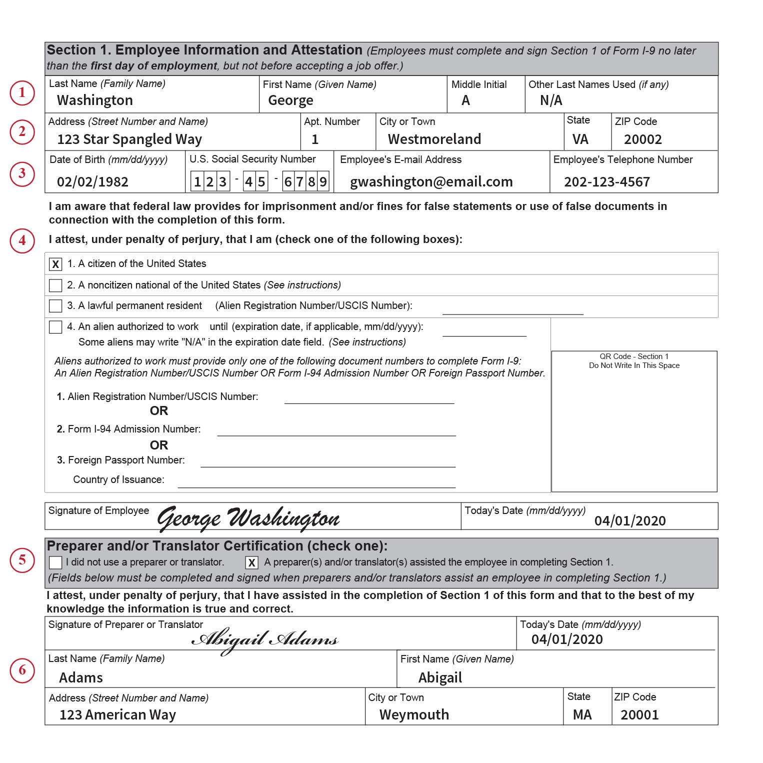 M-274 Infographic titled Completing Section 1: Employee Information and Attestation. Infographic shows completed Section 1 as well as numbers that correlate to the instructions that follow.