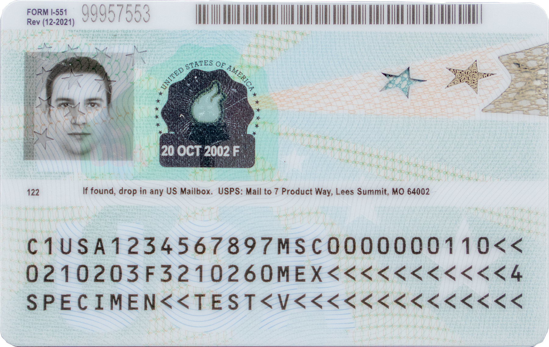 Back side of current United States Permanent Resident Card specimen (sample)